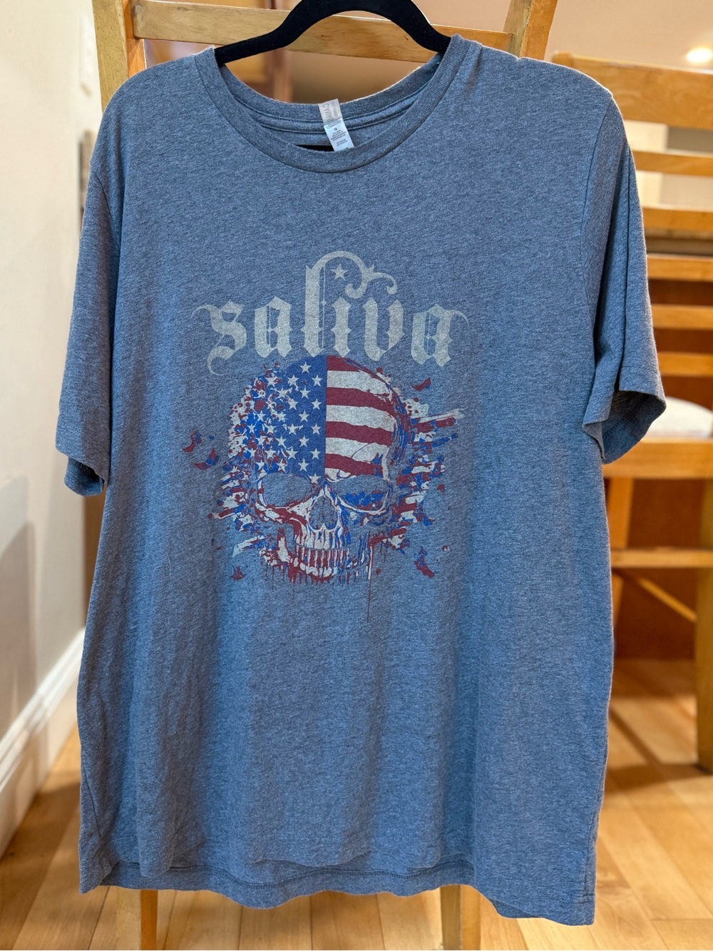 Sublime Gray T -Shirt with Distressed American Flag Skull Graphic